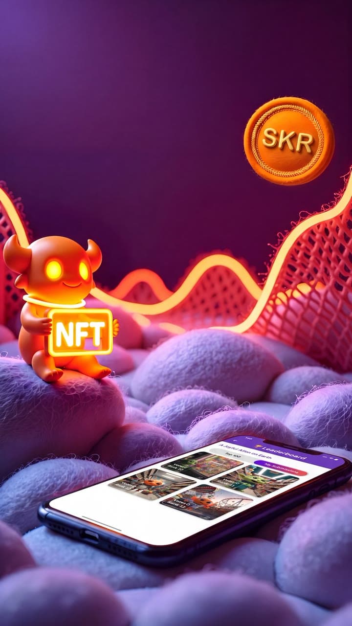 SeekerNova mascot holding an NFT next to an SKR coin